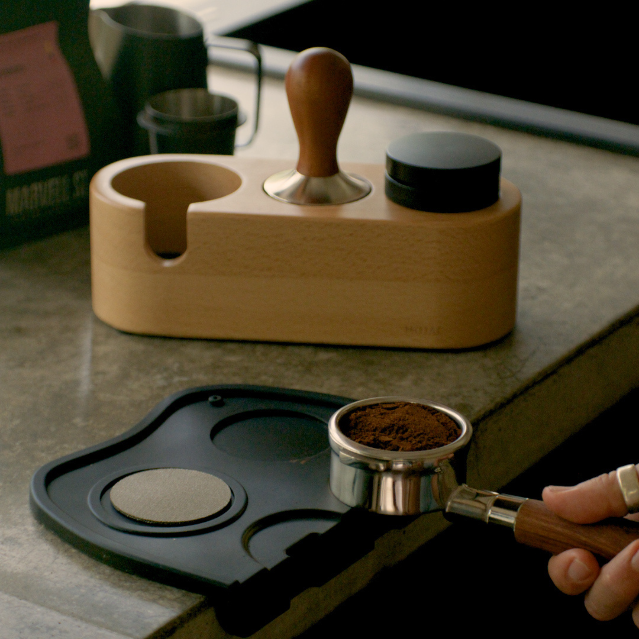 Trio Wooden Coffee Tamper Station And Portafilter Holder — lifestyle shot