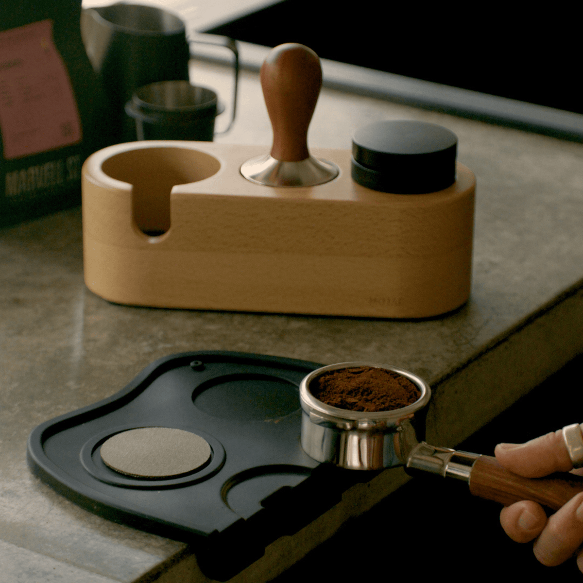 Trio Wooden Coffee Tamper Station And Portafilter Holder — lifestyle shot